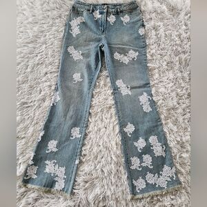 Vintage I.N.C. Lace Floral Applique Jeans Blue White Mid-rise Wide Leg Womens 8